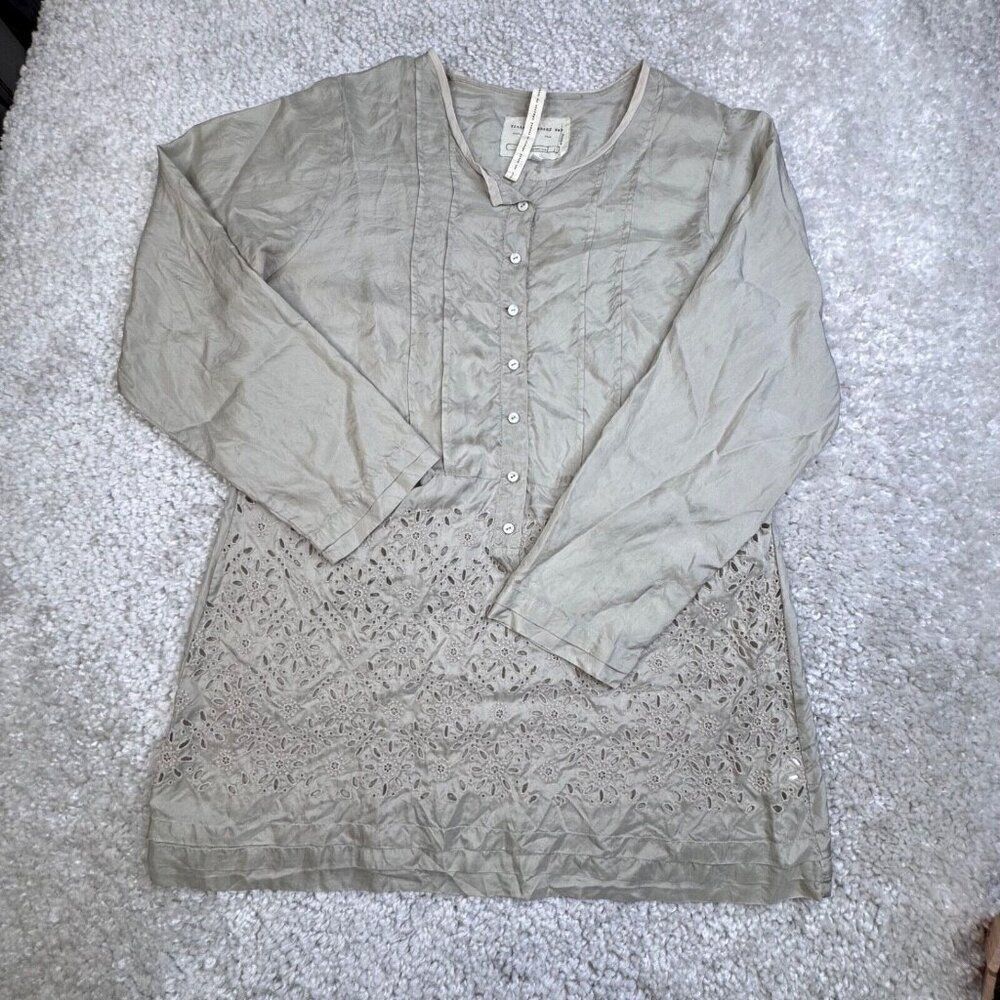 Johnny Was Vintage Label Silk Half Button Eyelet Tunic Blouse Womens Medium FLAW